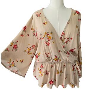 Floral Wrap Top 2X Junior Plus Boho Peplum Blouse Cottagecore Cream Long Sleeve